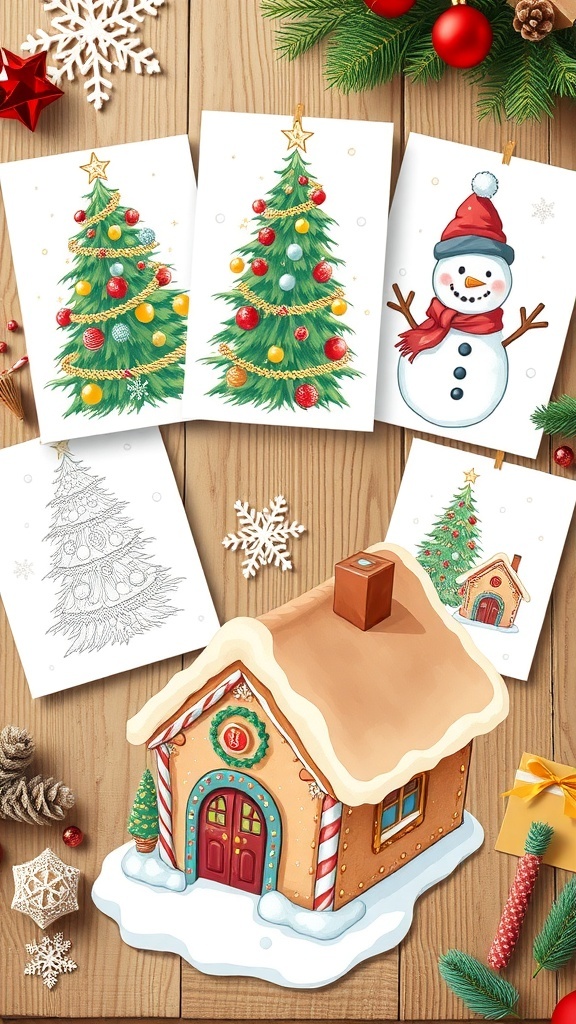 Colorful Christmas drawings featuring a tree, snowman, and gingerbread house on a festive table.